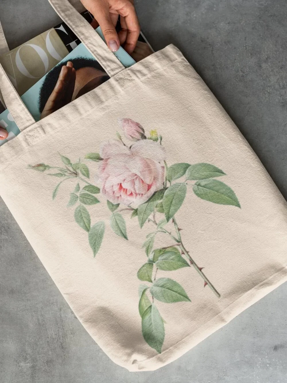 Fragrant Rosebush Vintage Floral Print Graphic Canvas Tote Bag